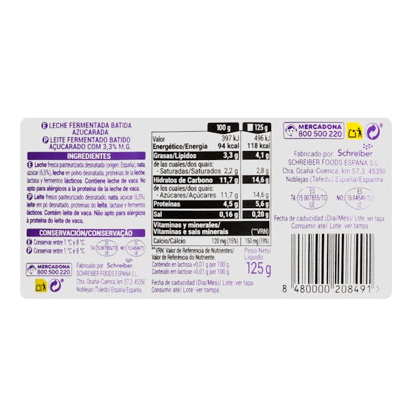 Postre lácteo cremoso natural azucarado sin lactosa Hacendado