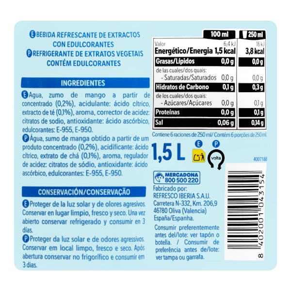 Refresco té zero sabor mango Hacendado