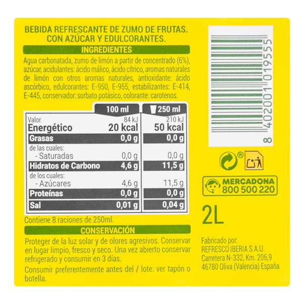 Refresco de limón Hacendado fresh gas