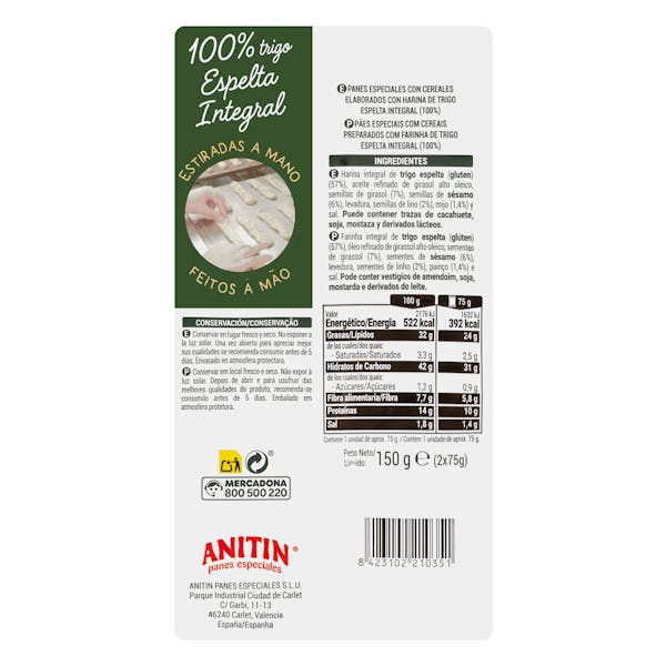 Palitos de pan 100% trigo espelta integral Anitin