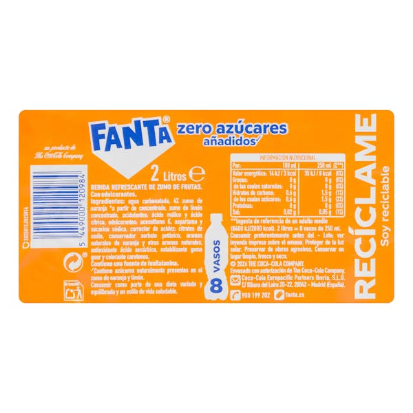 Refresco Fanta naranja zero azúcares añadidos