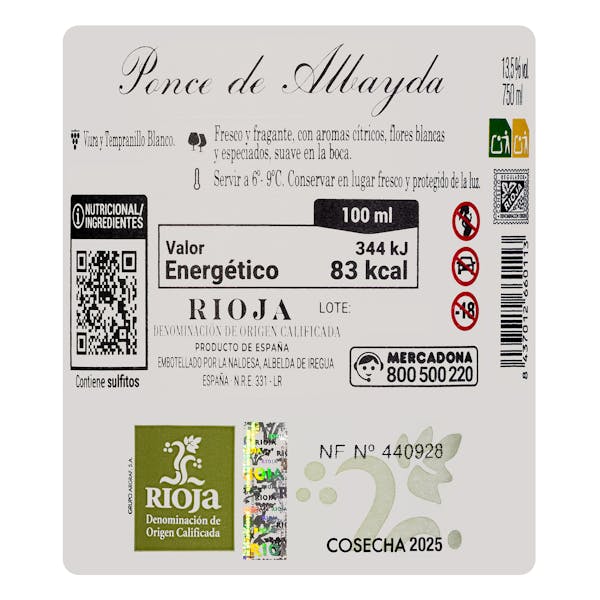 Vino blanco viura y tempranillo Ponce de Albayda DO Rioja