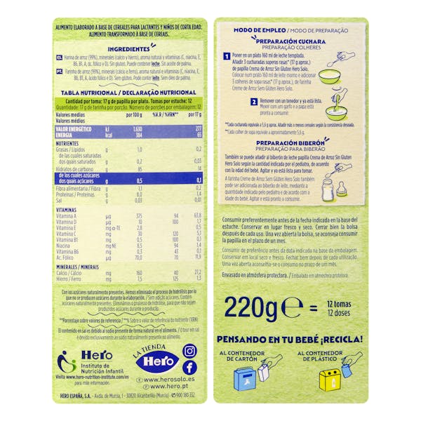 Papilla sin gluten crema de arroz Hero Solo +4 meses