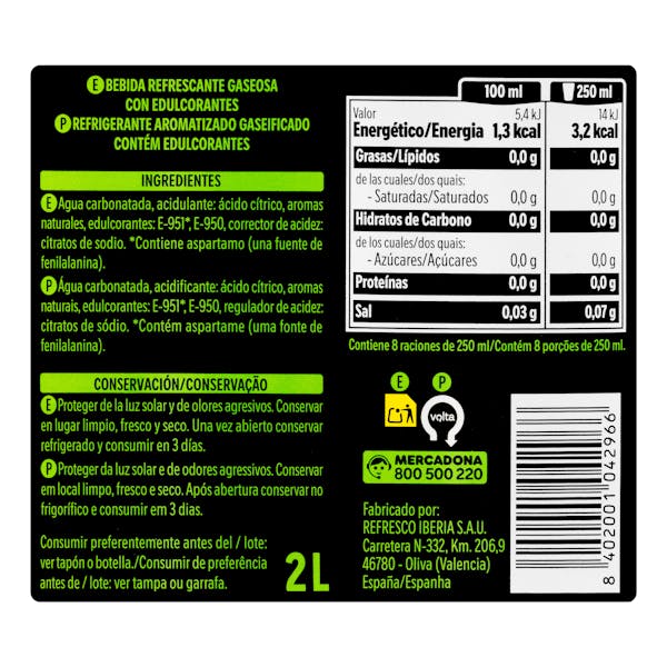 Refresco lima limón Hacendado zero azúcar fresh gas