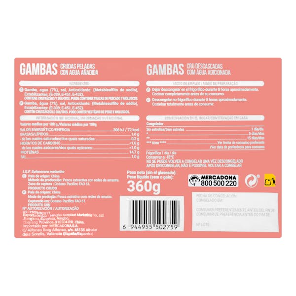 Gamba pelada cruda tamaño mediano Hacendado ultracongelada