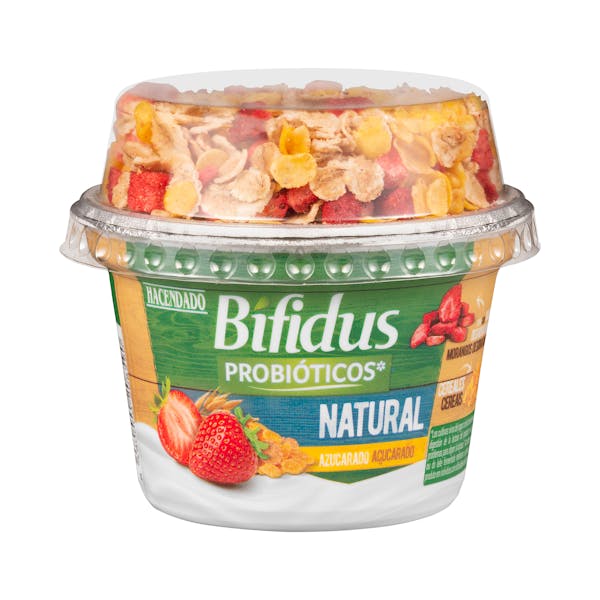 Bífidus natural probiótico azucarado Hacendado con cereales y fresas deshidratadas