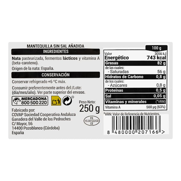 Mantequilla sin sal añadida Hacendado