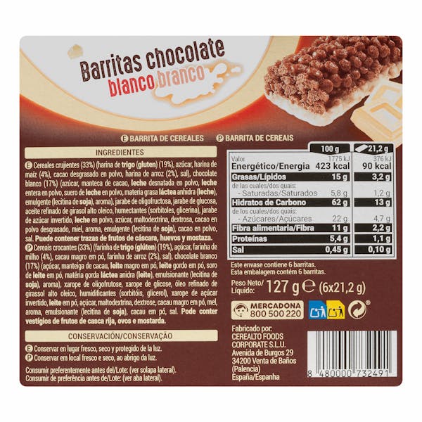 Barritas de cereales y chocolate blanco Hacendado