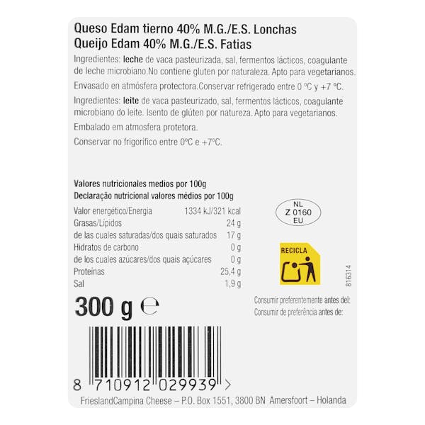 Queso lonchas edam de vaca Holland Corona