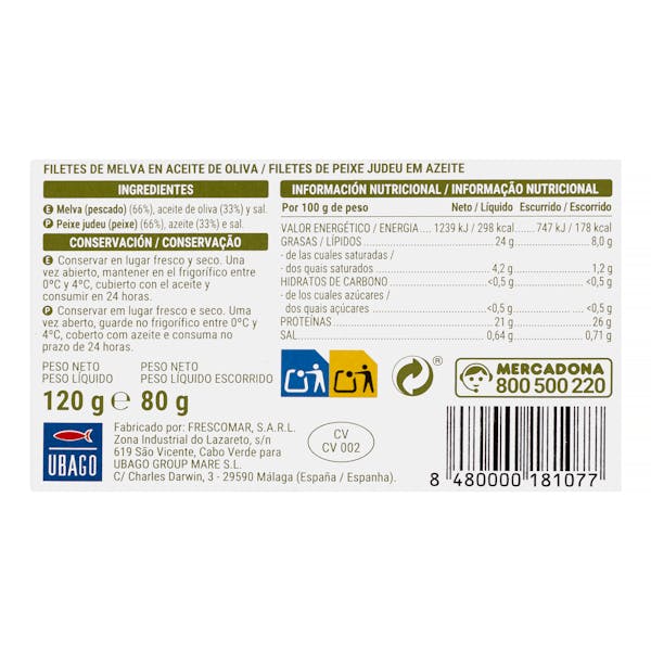 Filetes de melva en aceite de oliva Hacendado
