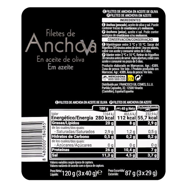 Filetes de anchoa en aceite de oliva Hacendado