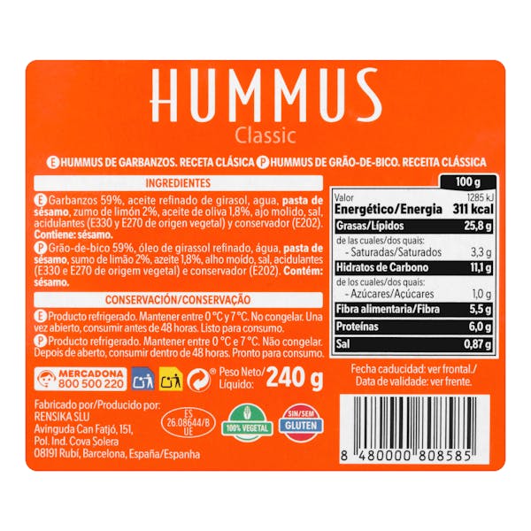 Hummus de garbanzos Hacendado receta clásica