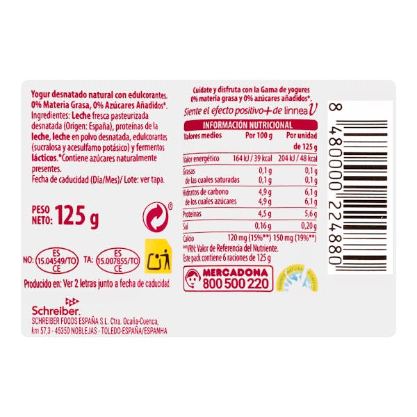 Yogur natural edulcorado Hacendado 0% MG 0% azúcares añadidos
