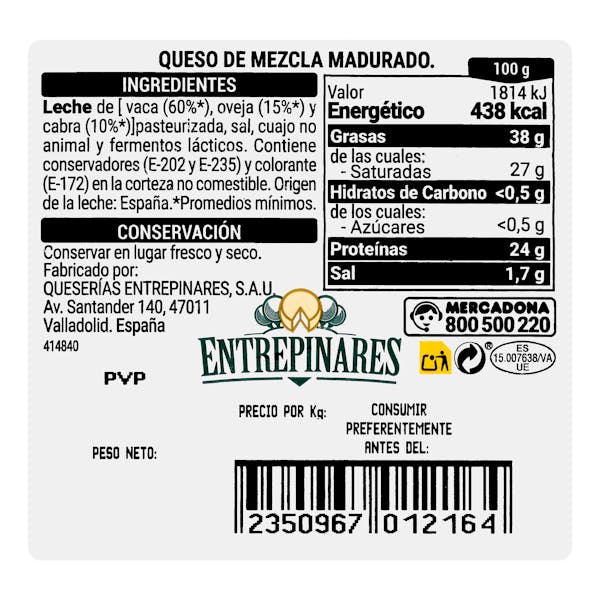Queso curado mezcla Hacendado