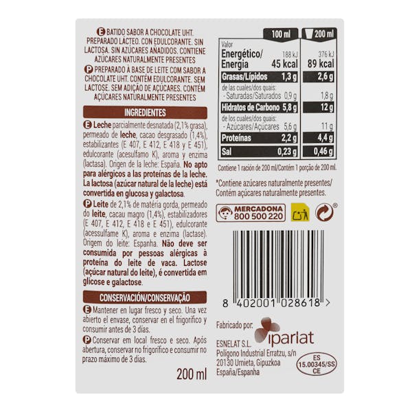 Batido de chocolate Hacendado 0% sin azúcares añadidos
