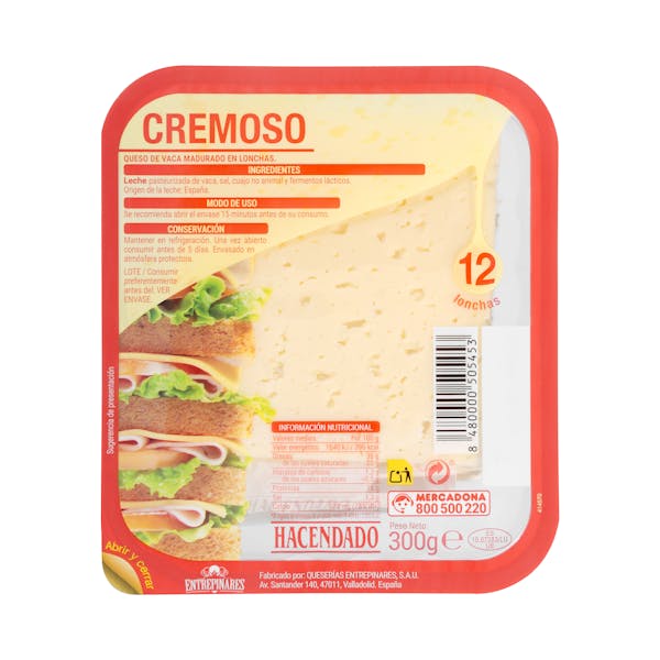 Queso lonchas cremoso de vaca Hacendado