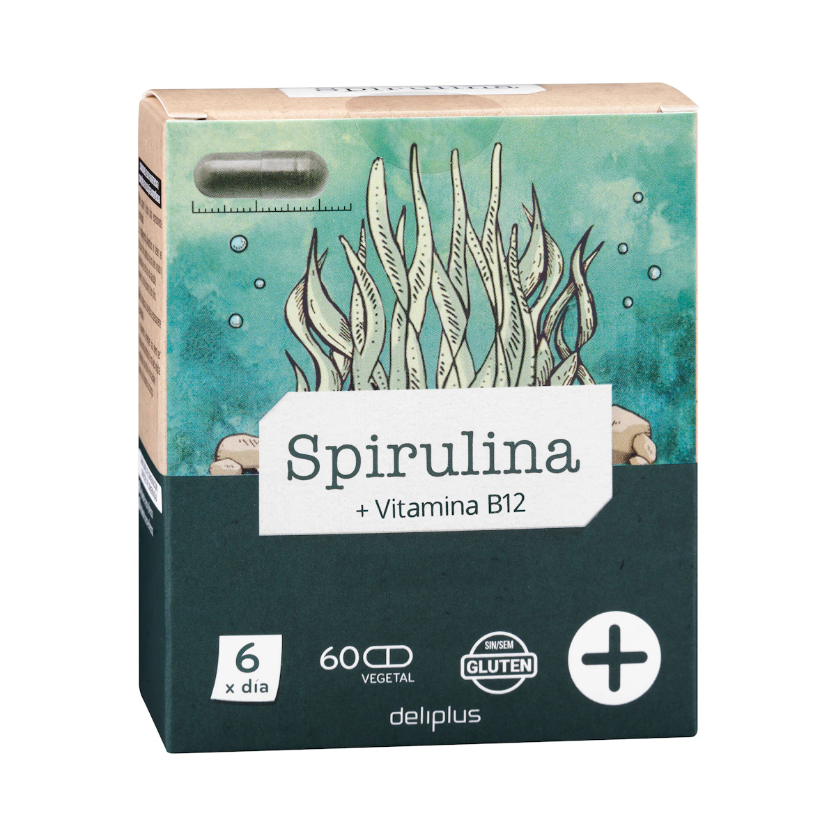 Cápsulas Spirulina + vitamina B12 Deliplus – Mercadona – صورة إعلانية للمنتج