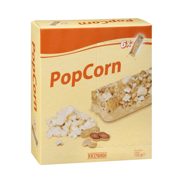 Barritas de cereales Pop Corn con leche, cacahuetes y palomitas Hacendado