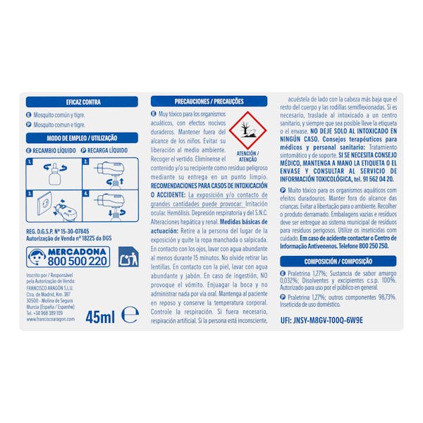 Insecticida antimosquitos eléctrico recambio líquido