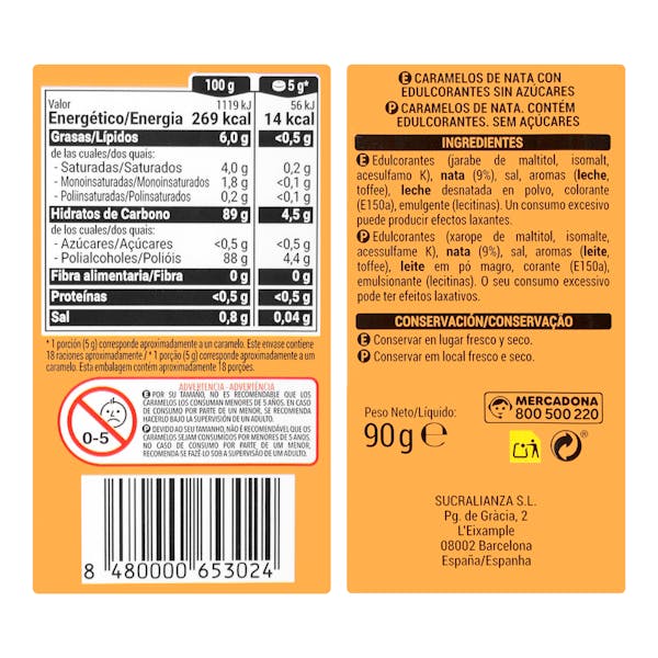 Caramelos nata Hacendado 0% azúcares