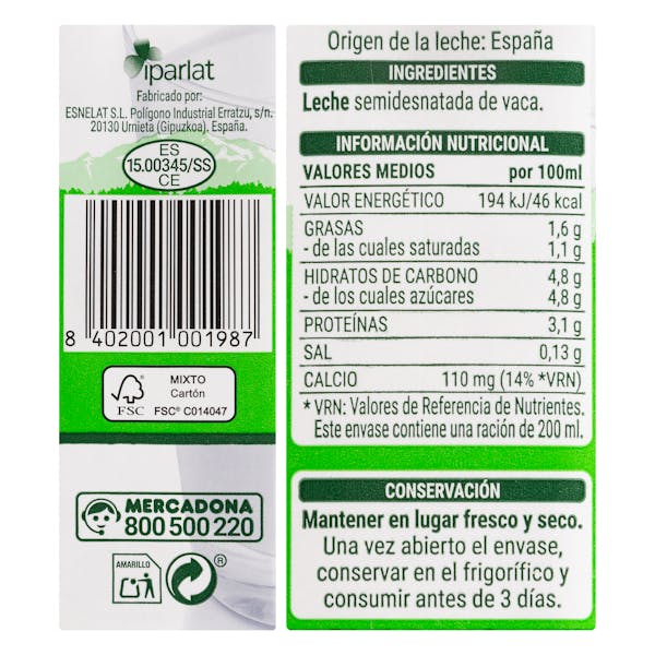 Leche semidesnatada Hacendado