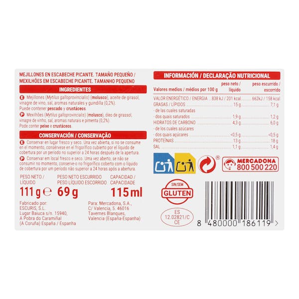 Mejillones picantes en escabeche Hacendado pequeños