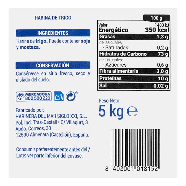 Harina de trigo grande Hacendado