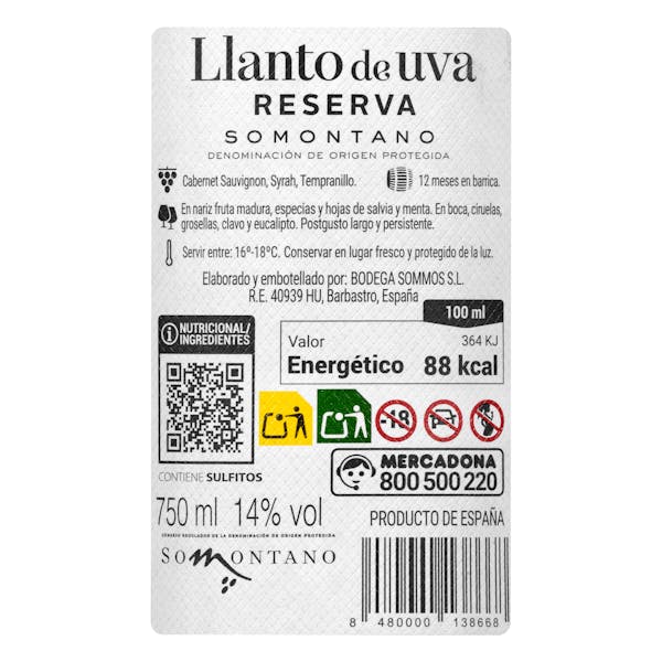 Vino tinto reserva Llanto de uva DO Somontano