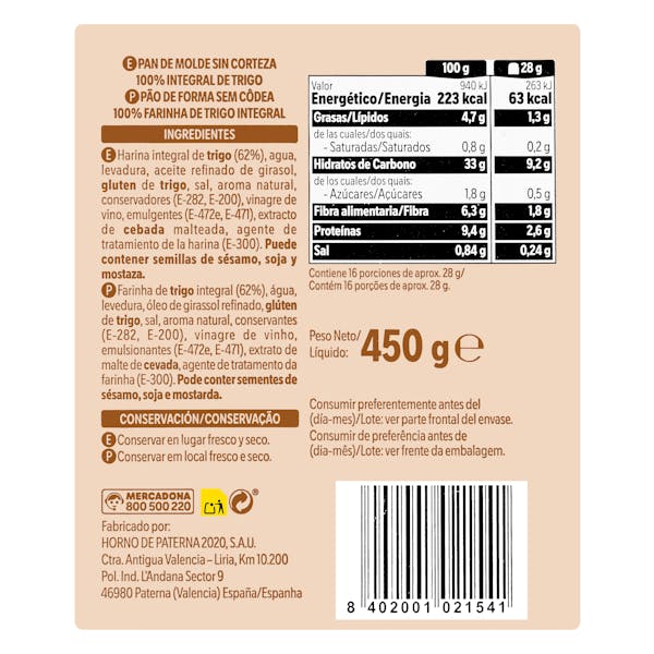 Pan de molde 100% integral sin corteza Hacendado