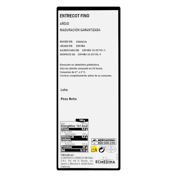 Entrecot de vacuno añojo fino para barbacoa o plancha