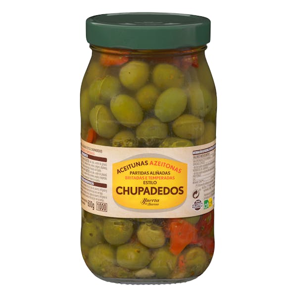 Aceitunas verdes Chupadedos Huerta de Barros partidas aliñadas