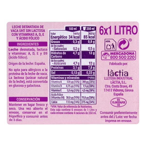 Leche desnatada sin lactosa Hacendado
