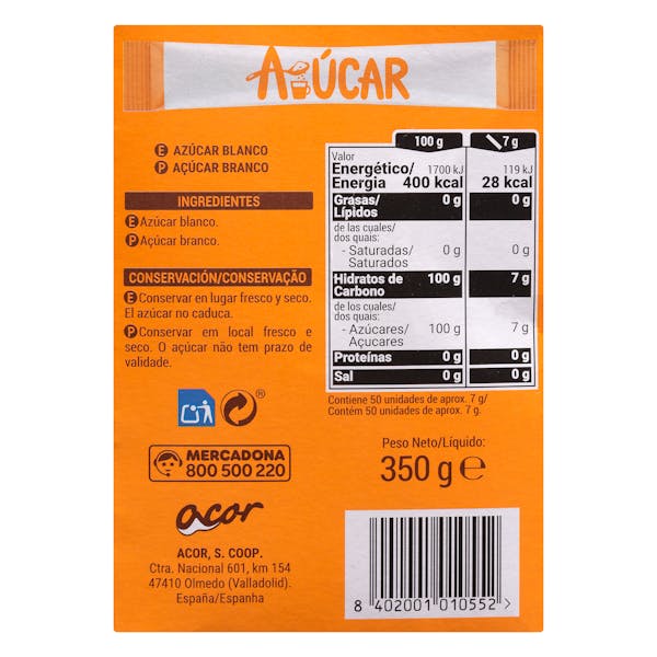 Azúcar blanco en sobres Hacendado