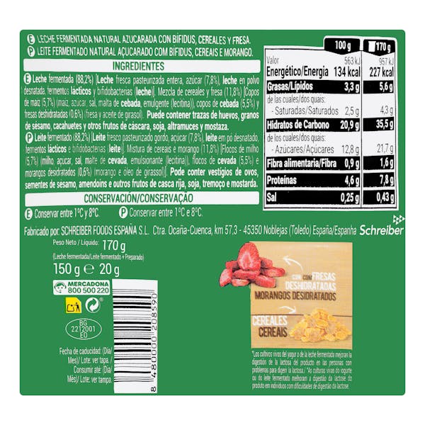 Bífidus natural azucarado probióticos Hacendado con cereales y fresas deshidratadas