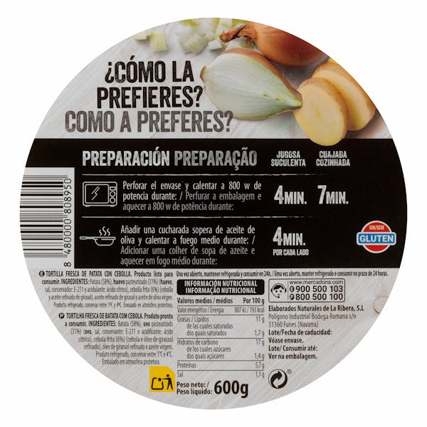 Tortilla de patata y cebolla Hacendado
