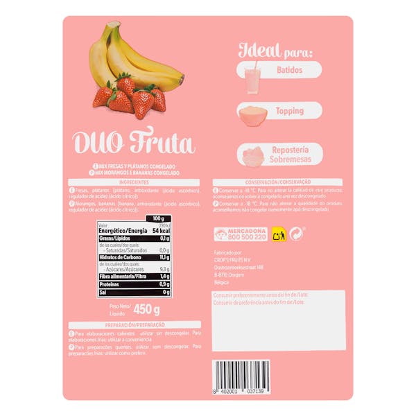 Dúo frutas fresa y plátano Hacendado congeladas