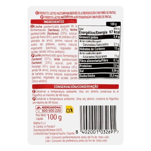 Bolsita postre lácteo fresa y plátano Hacendado +8 meses