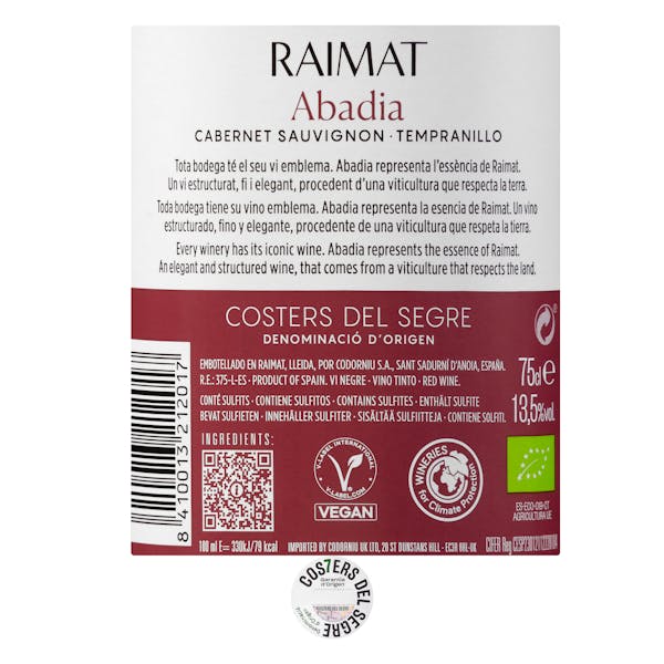Vino tinto cabernet sauvignon tempranillo Abadía Raimat DO Costers del Segre