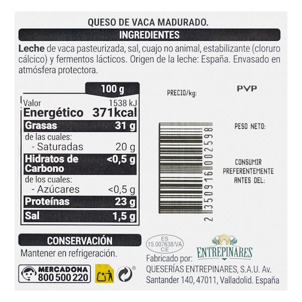 Queso tierno de vaca Hacendado cortado en cuñitas