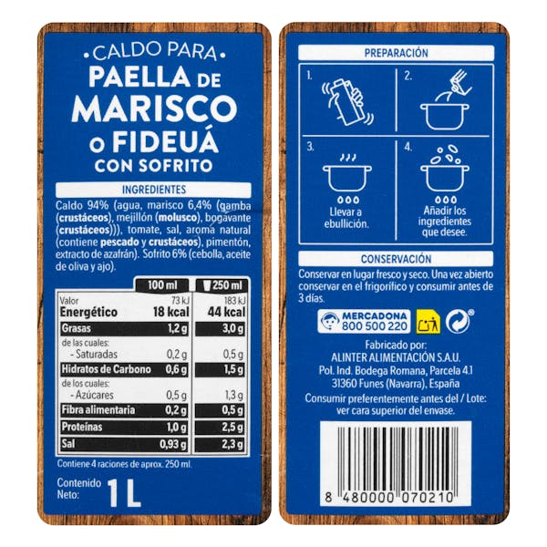 Caldo de marisco o fideuá para paella Hacendado con sofrito