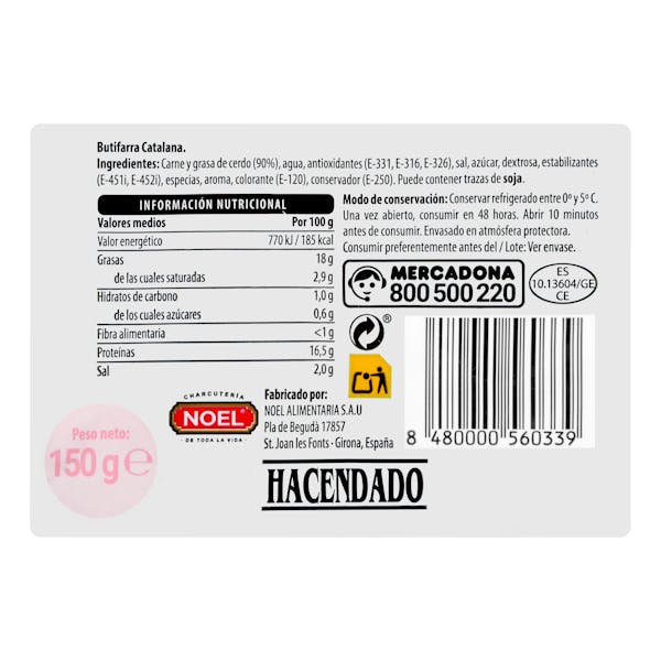 Butifarra catalana Hacendado lonchas