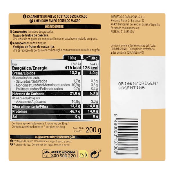 Cacahuete +Proteínas en polvo desgrasado Hacendado 14 g proteínas 70% reducido en grasa
