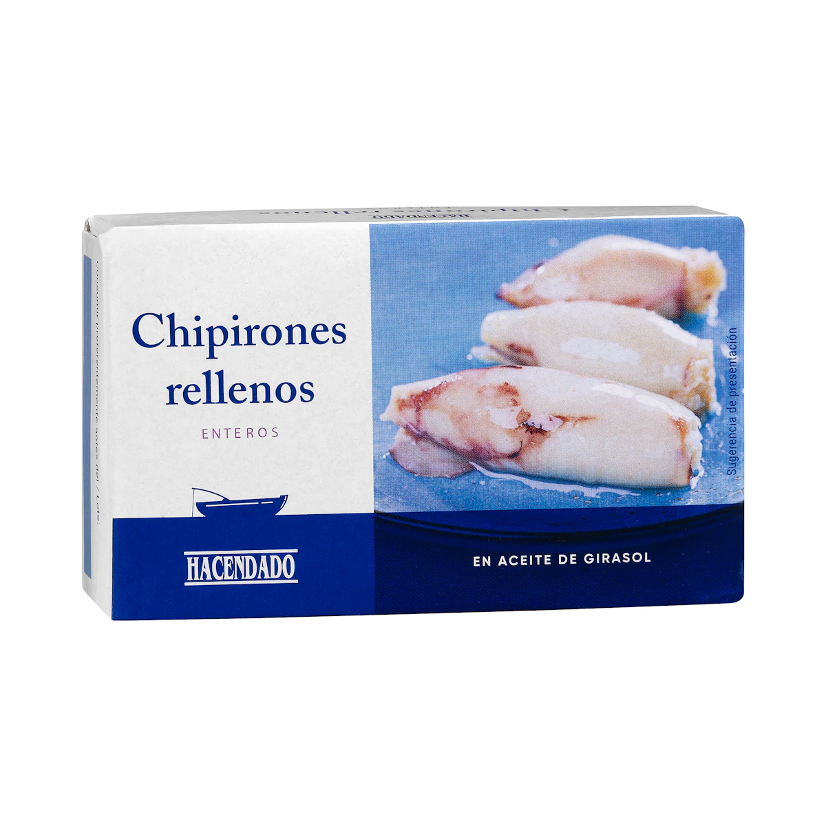 Chipirones rellenos enteros en aceite de girasol Hacendado – Mercadona – صورة إعلانية للمنتج