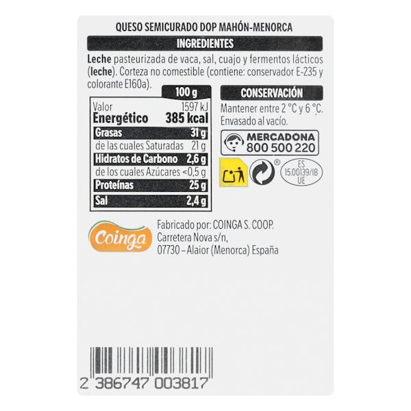 Queso semicurado Mahón Menorca de vaca Hacendado
