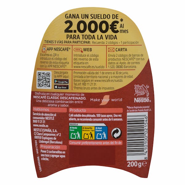 Café soluble descafeinado Nescafé classic