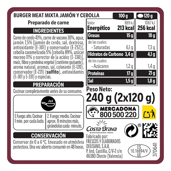 Burger de vacuno y cerdo con jamón y cebolla caramelizada