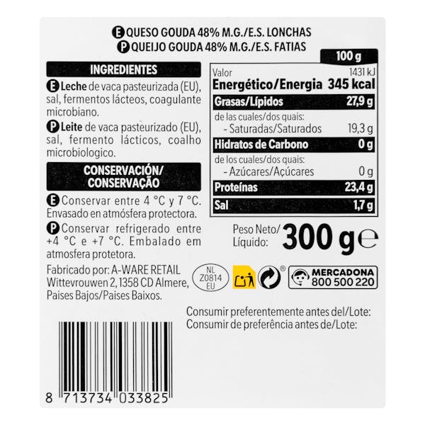 Queso lonchas gouda de vaca Hacendado