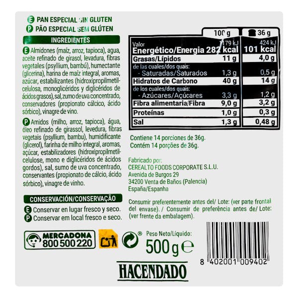 Pan de molde sin gluten blanco Hacendado