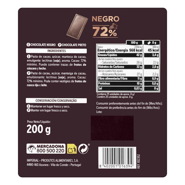 Porciones de chocolate negro 72% cacao extrafino Hacendado