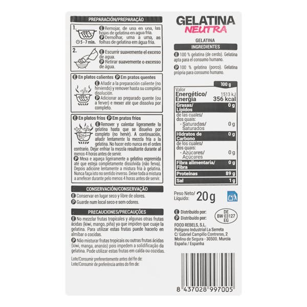Gelatina neutra en láminas Foodsy
